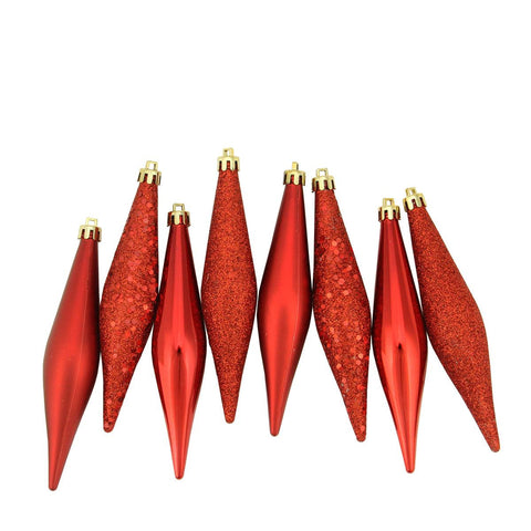 8ct Red Hot Shatterproof 4-Finish Finial Drop Christmas Ornaments 6"