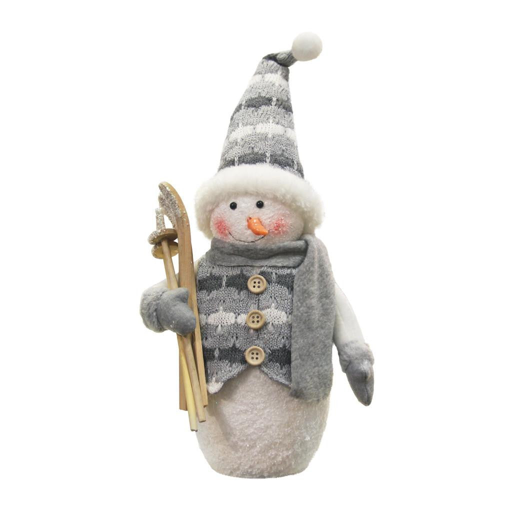 10" Alpine Chic Gray and White Sparkling Snowman with Skiis Christmas Decoration