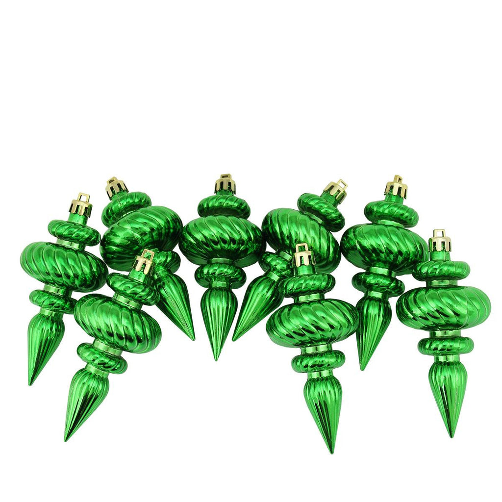 8ct Shiny Xmas Green Swirl Shatterproof Christmas Finial Ornaments 4.25"