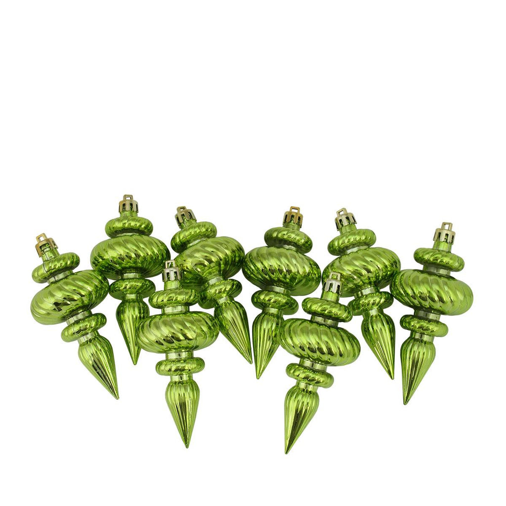 8ct Shiny Kiwi Green Swirl Shatterproof Christmas Finial Ornaments 4.25"