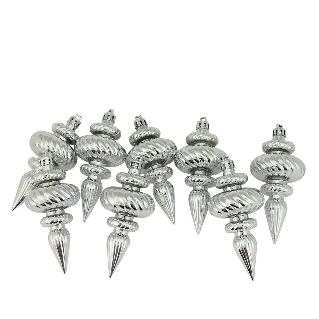 8ct Shiny Silver Swirl Shatterproof Christmas Finial Ornaments 4.25"