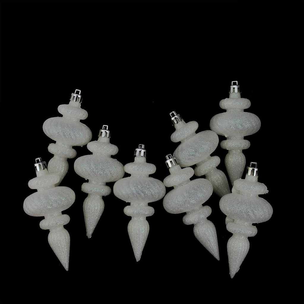 8ct Iridescent Glittered Winter White Swirl Shatterproof Christmas Finial Ornaments 4.25"