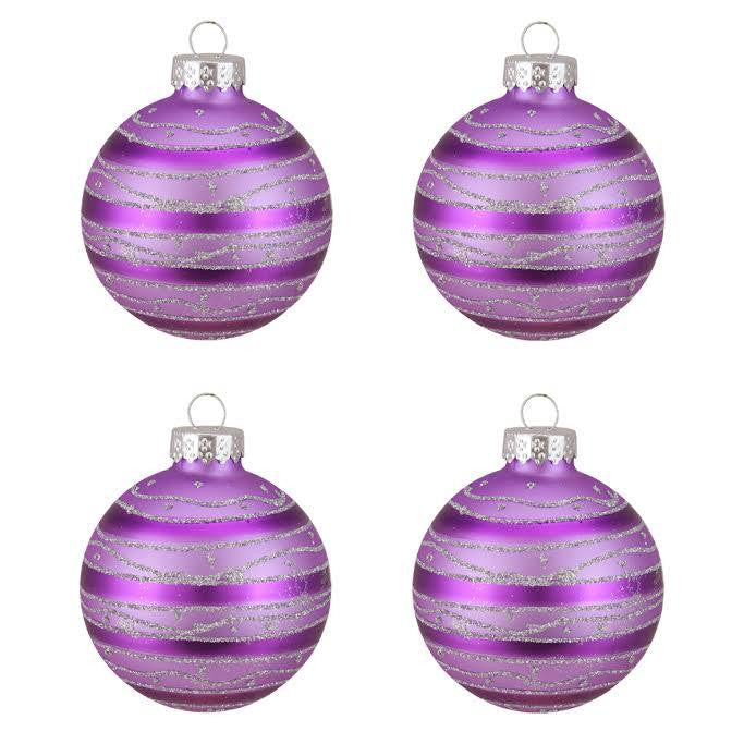 4ct Purple with Silver Glitter Striped Design Glass Ball Christmas Ornaments 2.5" (65mm)