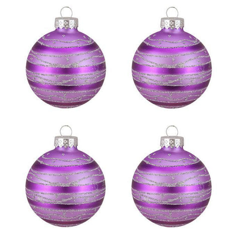 4ct Purple with Silver Glitter Striped Design Glass Ball Christmas Ornaments 2.5" (65mm)