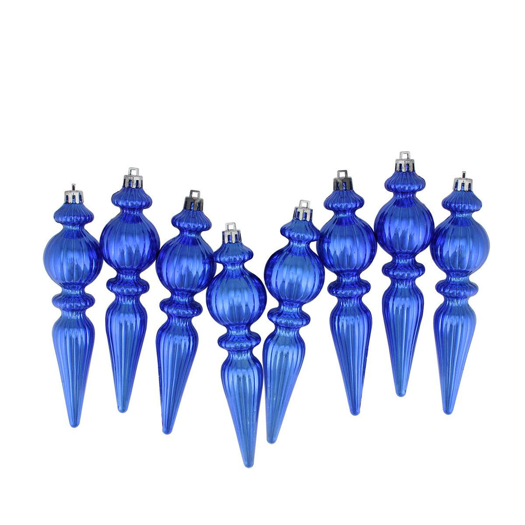 8ct Shiny Lavish Blue Ribbed Shatterproof Christmas Finial Ornaments 6.5"