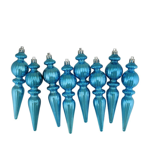 8ct Shiny Turquoise Blue Ribbed Shatterproof Christmas Finial Ornaments 6.5"