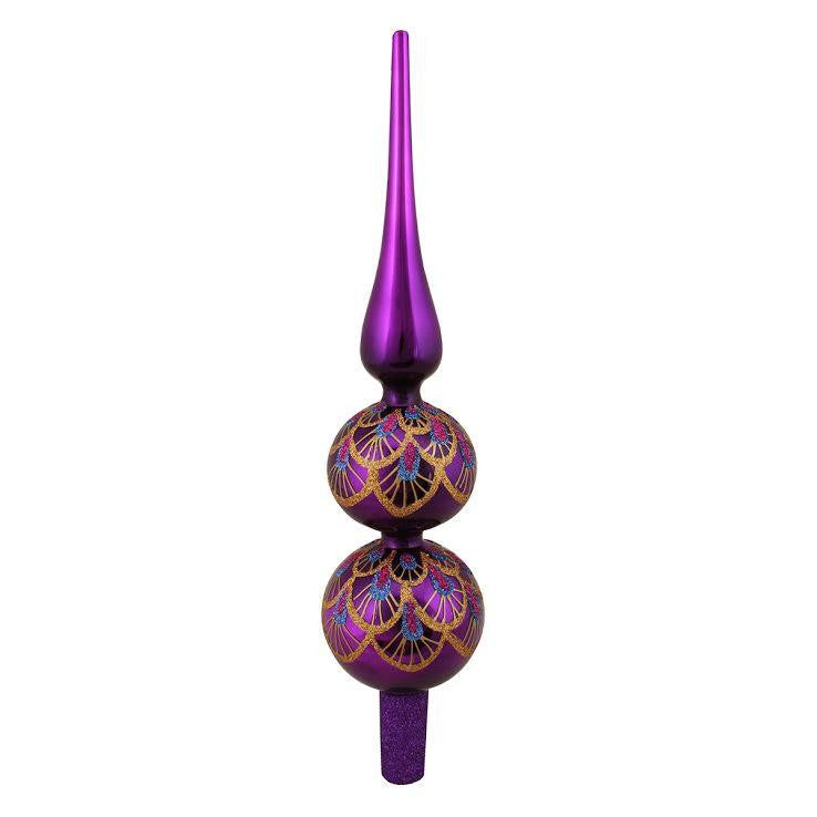 13" Regal Peacock Magenta Purple and Gold Glitter Glass Finial Christmas Tree Topper