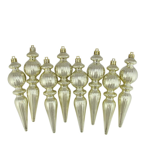 8ct Shiny Champagne Gold Ribbed Shatterproof Christmas Finial Ornaments 6.5"