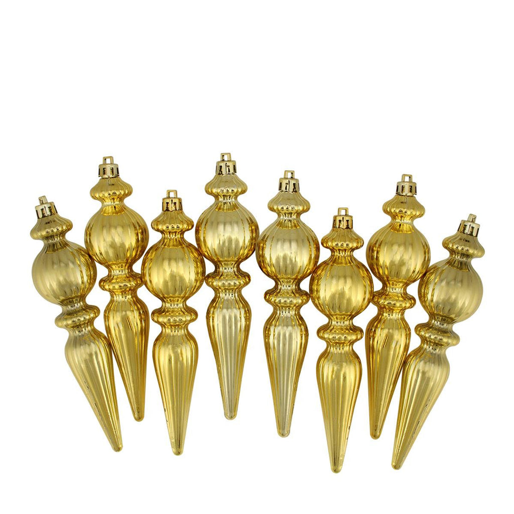 8ct Shiny Gold Ribbed Shatterproof Christmas Finial Ornaments 6.5"