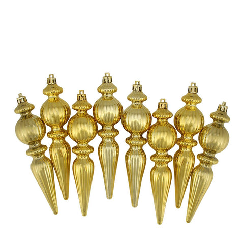 8ct Shiny Gold Ribbed Shatterproof Christmas Finial Ornaments 6.5"