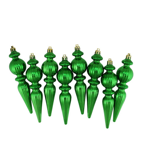 8ct Shiny Xmas Green Ribbed Shatterproof Christmas Finial Ornaments 6.5"