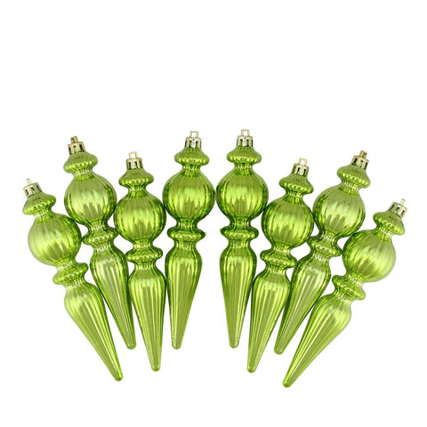 8ct Shiny Kiwi Green Ribbed Shatterproof Christmas Finial Ornaments 6.5"