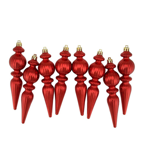 8ct Shiny Red Hot Ribbed Shatterproof Christmas Finial Ornaments 6.5"