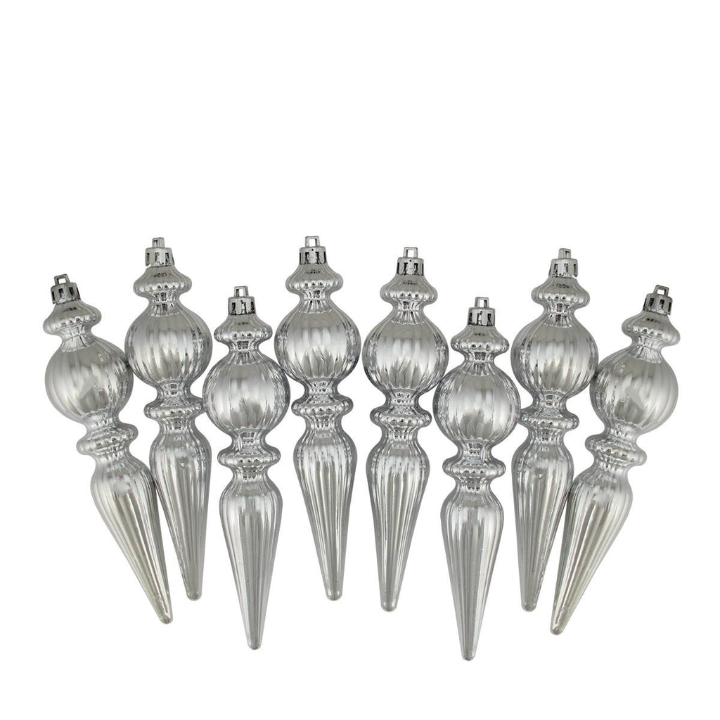 8ct Shiny Silver Ribbed Shatterproof Christmas Finial Ornaments 6.5"