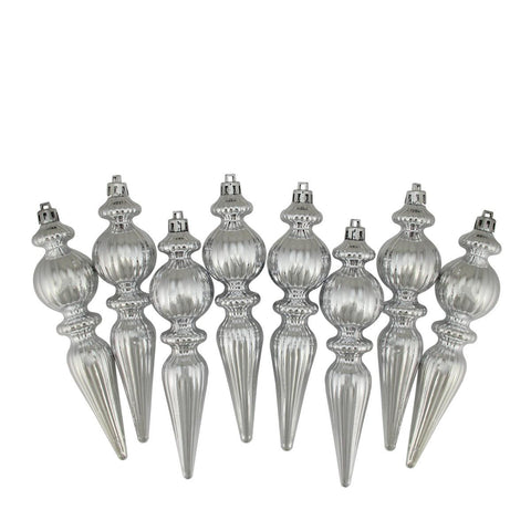 8ct Shiny Silver Ribbed Shatterproof Christmas Finial Ornaments 6.5"