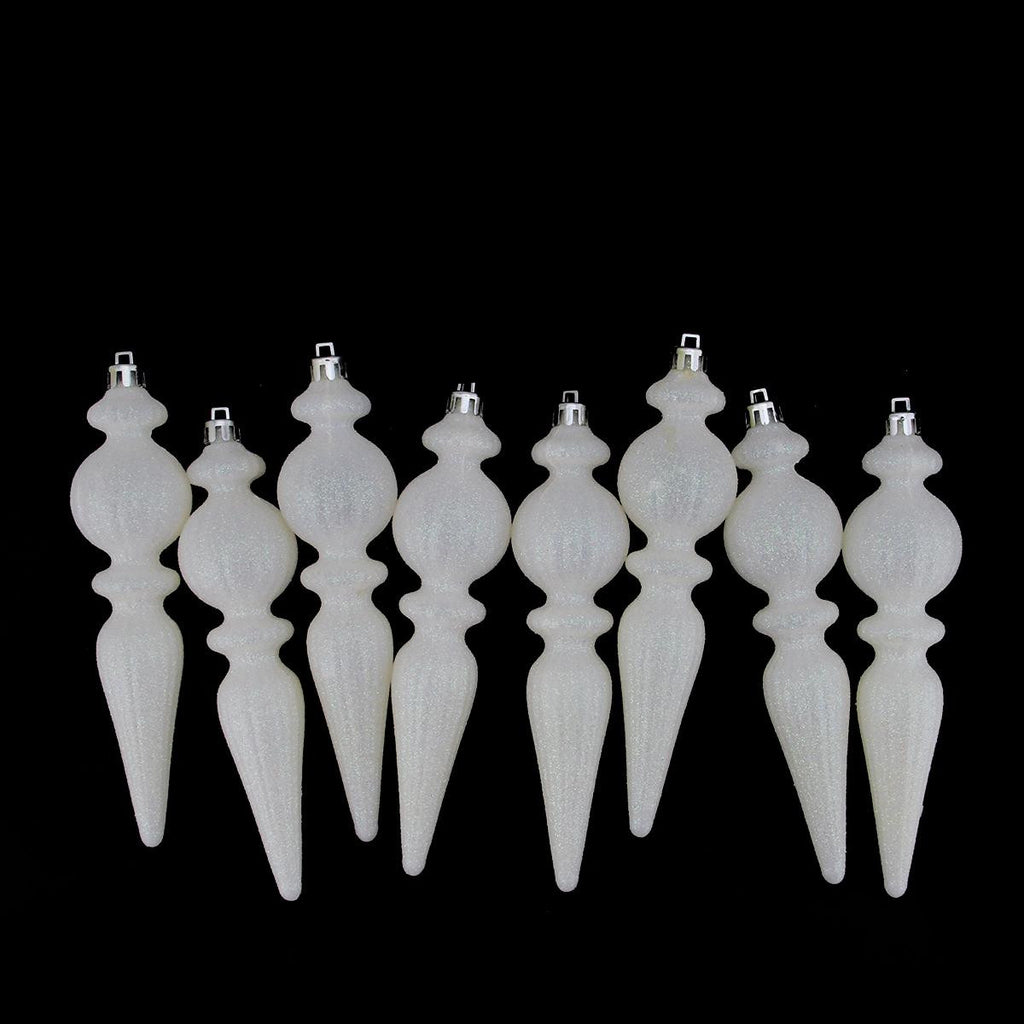 8ct Glittered Winter White Ribbed Shatterproof Christmas Finial Ornaments 6.5"