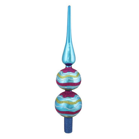 13" Turquoise Blue, Gold and PInk Gliltter Swirl Design Glass Finial Christmas Tree Topper