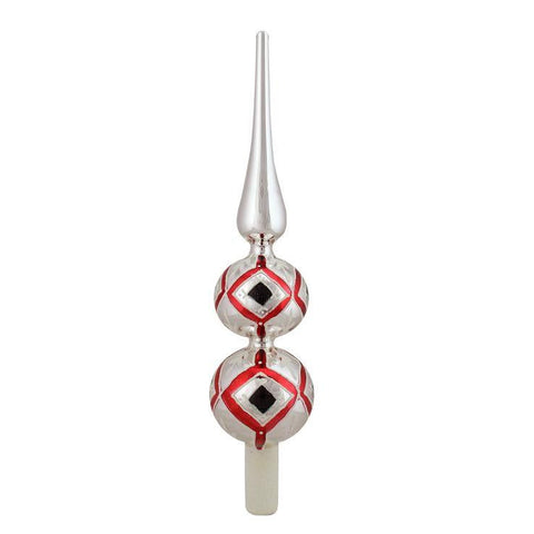 13" Silver, Red & White Gliltter Diamond Design Glass Finial Christmas Tree Topper