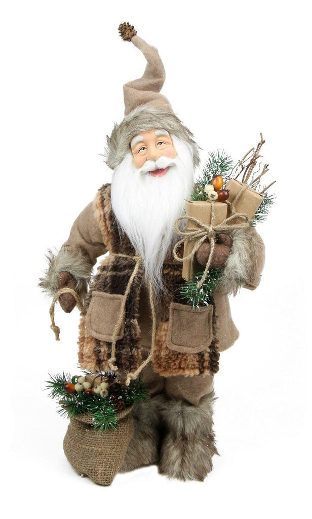 24" Rustic Lodge Standing Santa Claus in Camel Brown Checkered Scarf with Gifts Christmas Figure