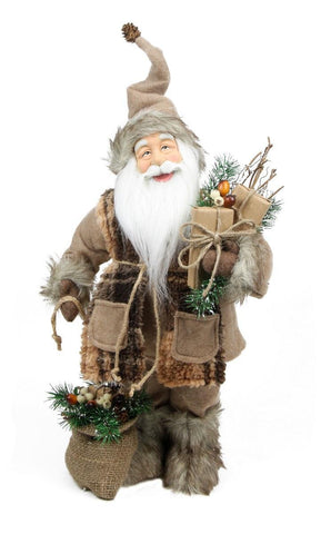 24" Rustic Lodge Standing Santa Claus in Camel Brown Checkered Scarf with Gifts Christmas Figure