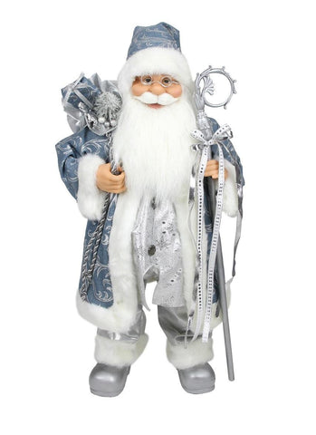 25" Ice Palace Standing Santa Claus in Blue and Silver Holding A Staff and Bag Christmas Figure