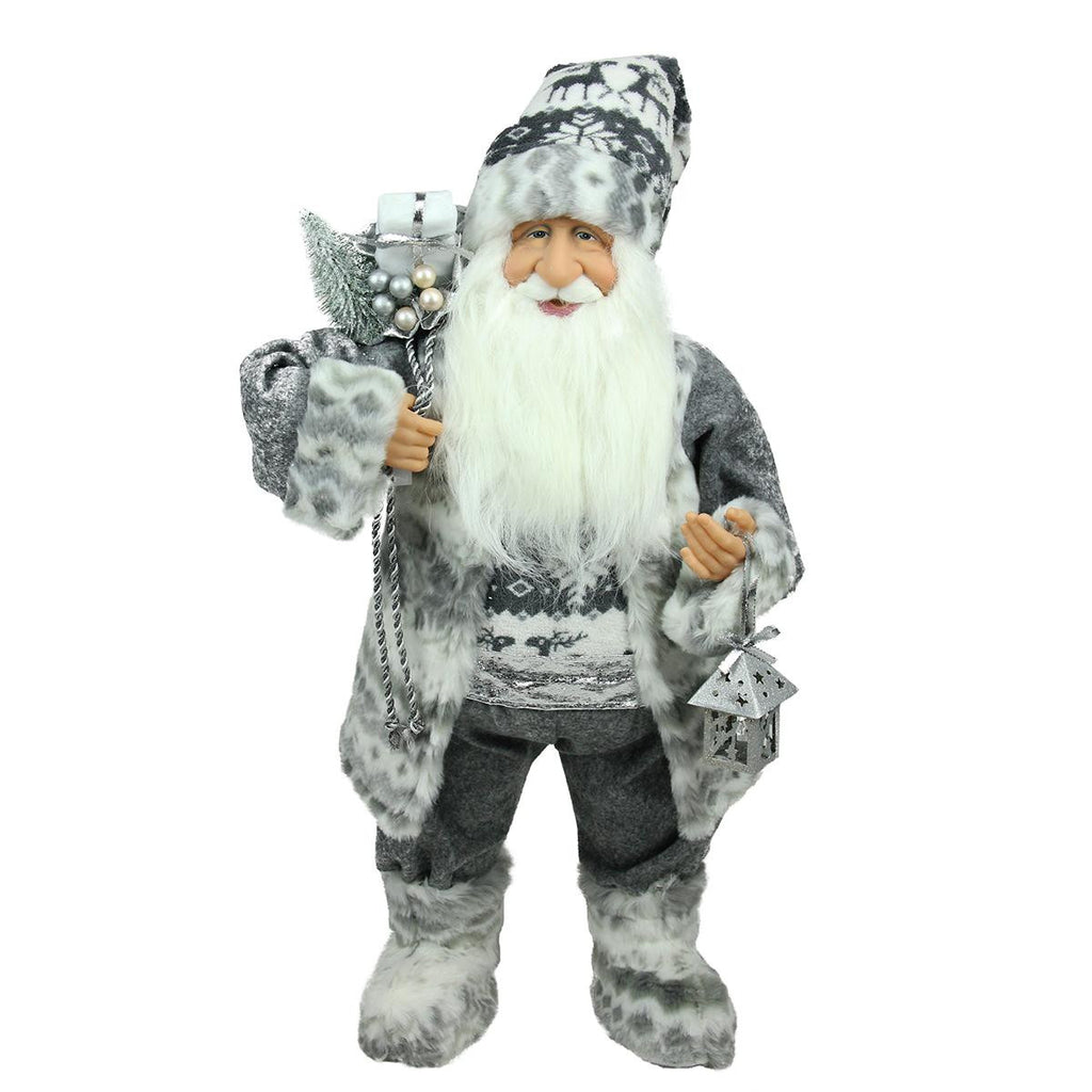 24" Alpine Chic Standing Santa Claus in Gray and White with a Bag and Lantern Christmas Figure