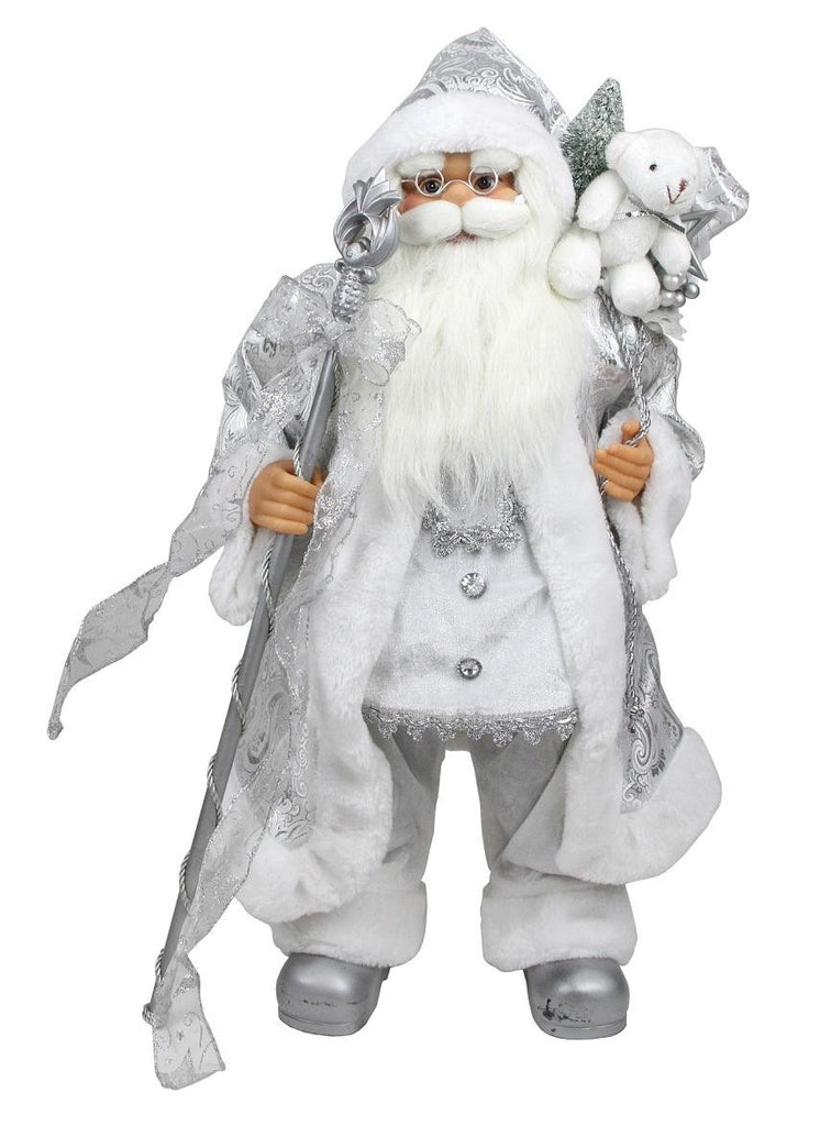 24" Winter Frost Standing White and Silver Santa Claus with Staff and Gift Bag Christmas Figure