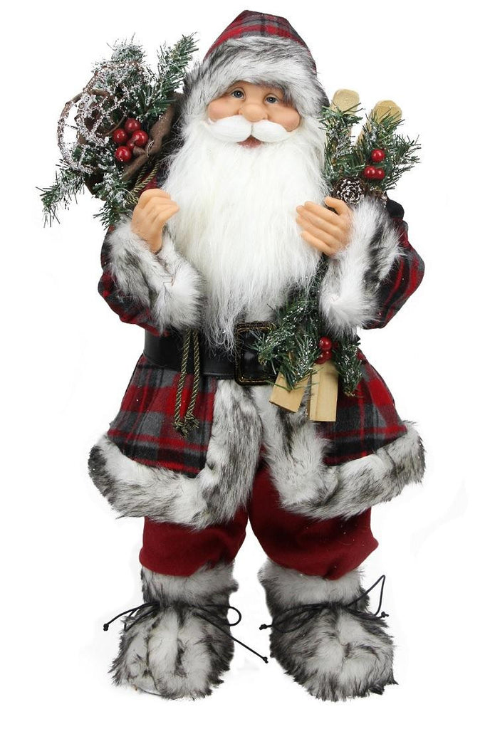 24" Alpine Chic Standing Santa Claus with Frosted Pine, Snowshoes and Skis Christmas Figure