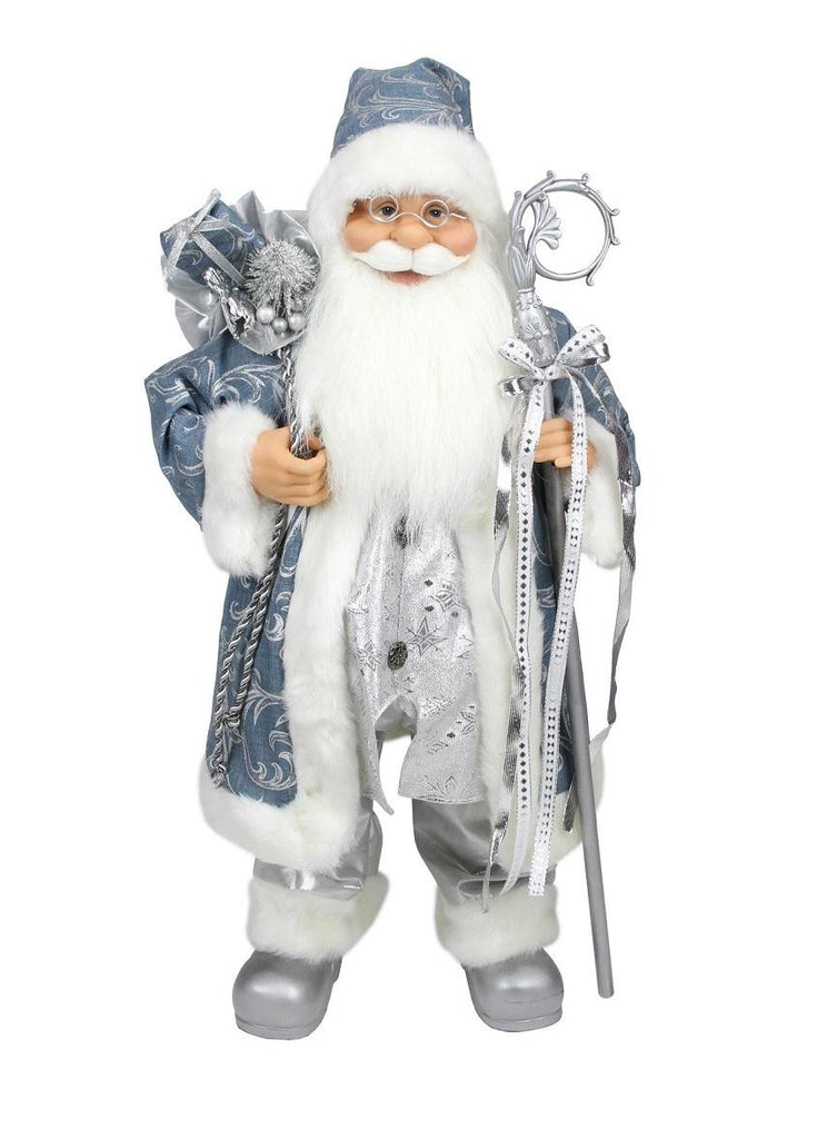 16" Ice Palace Standing Santa Claus in Blue and Silver Holding A Staff and Bag Christmas Figure