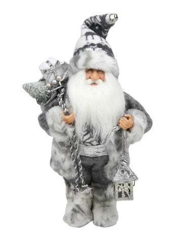 12" Alpine Chic Standing Santa Claus in Gray and White with a Bag and Lantern Christmas Figure