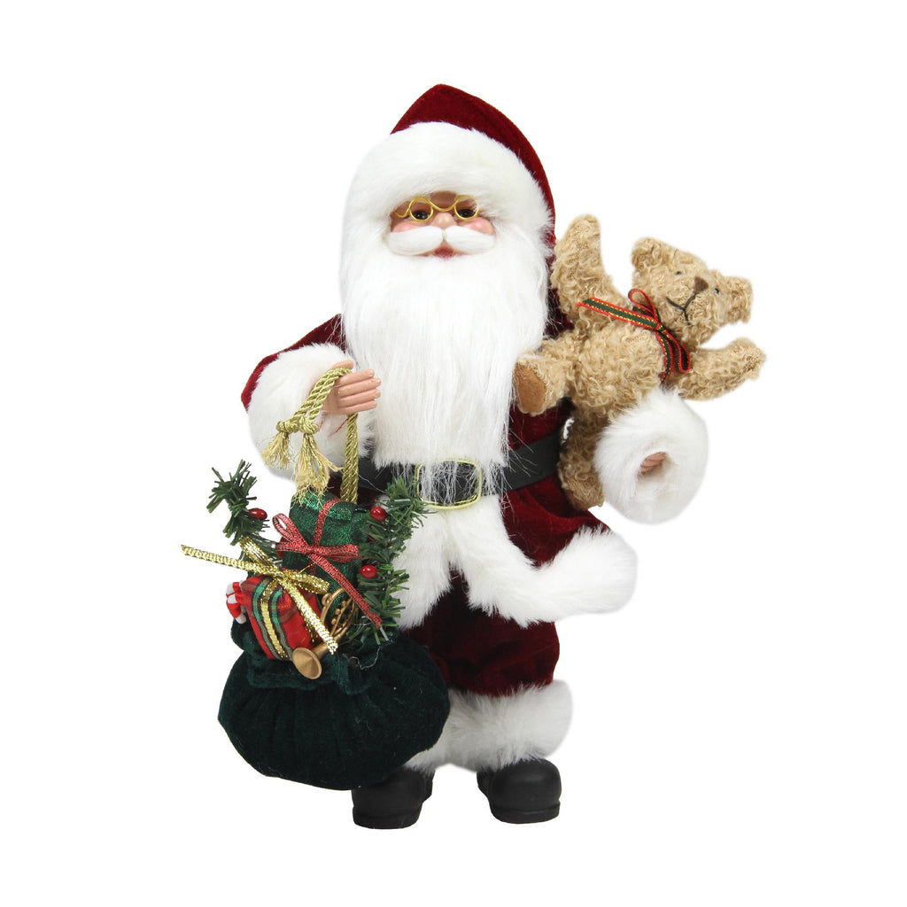 12" Santa Claus in Traditional Red Suit Holding a Teddy Bear and Gift Bag Christmas Figure