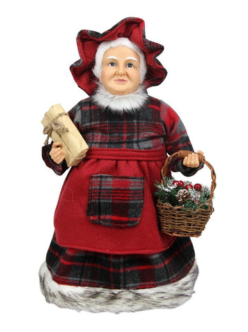 16" Country Rustic Mrs. Claus in Red Checkered Dress Holding a Basket and Gift Christmas Figure