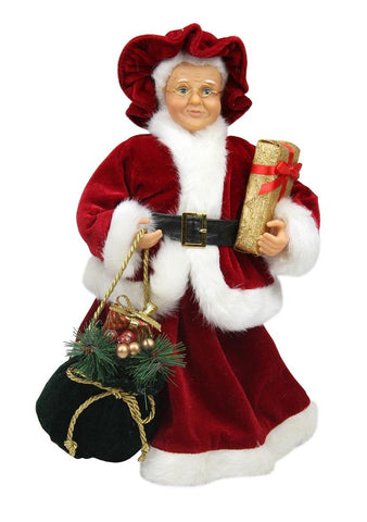 12" Mrs. Claus in a Red and White Dress Holding a Gift and Bag Christmas Figure