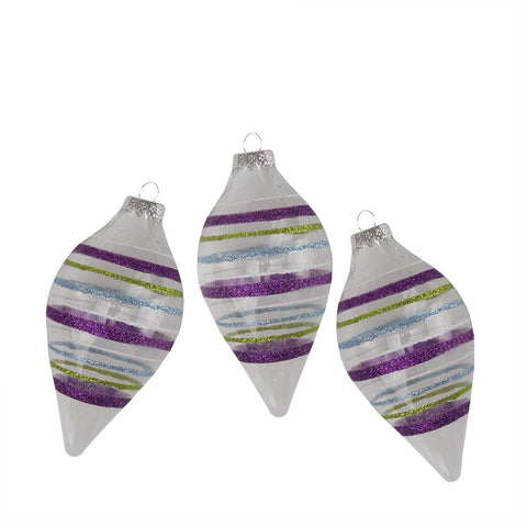 3ct Clear with Purple, Green, Blue and White Glitter Stripes Glass Finial Christmas Ornaments 5"