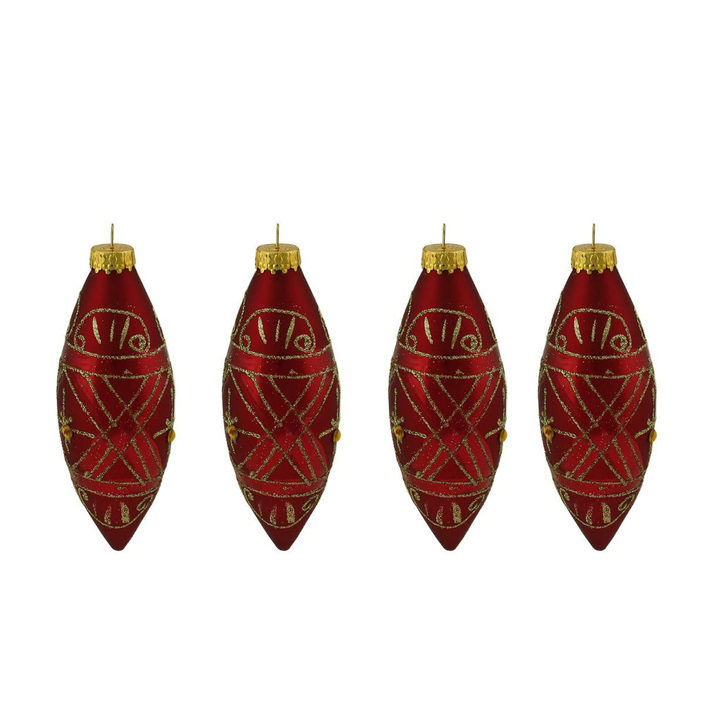 4ct Red and Gold Glitter Mosaic Design Glass Finial Christmas Ornaments 5"