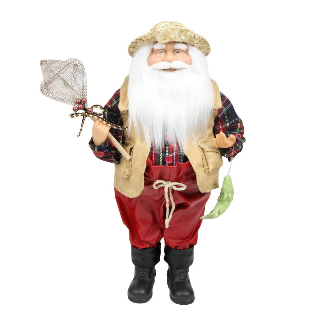 18" Rustic Lodge Fisherman Santa Claus with Net and Fish Christmas Tabletop Decoration