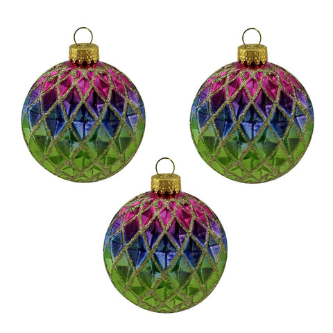 3ct Green, Blue, Purple and Gold Diamond Design Glass Ball Christmas Ornaments 2.5" (65mm)