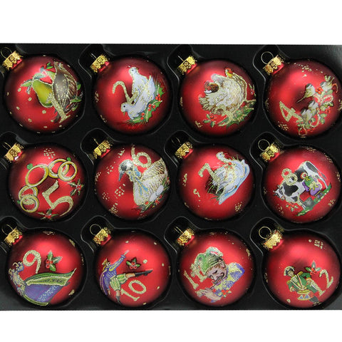 12ct Matte Red Twelve Days of Christmas Glass Ball Christmas Ornaments 2.5" (65mm)