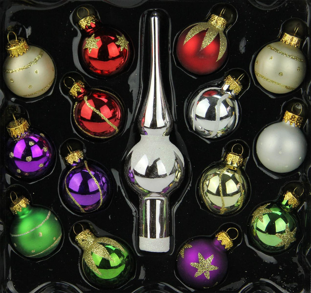 15-Piece Multi-Color Mini Glass Ball and Finial Tree Topper Christmas Ornament Set