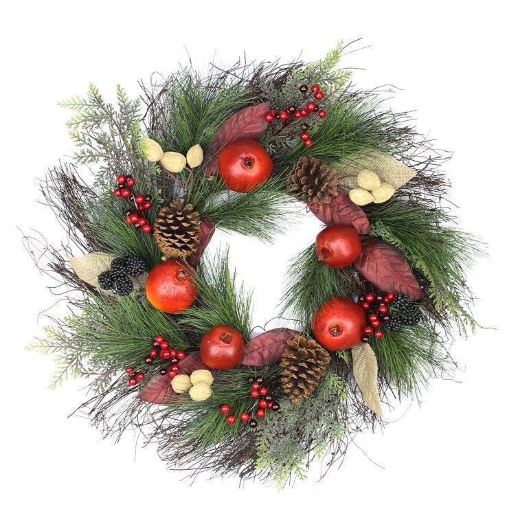 24" Autumn Harvest Mixed Pine, Berry and Nut Thanksgiving Fall Wreath - Unlit