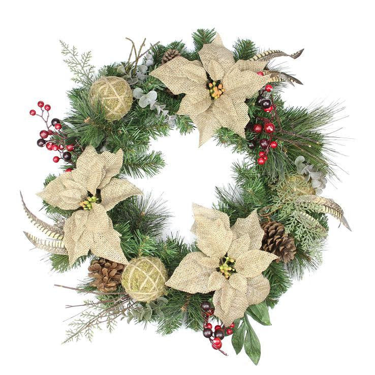 24" Autumn Harvest Burlap Poinsettia, Moss Ball, Mixed Pine and Berries Fall Wreath - Unlit