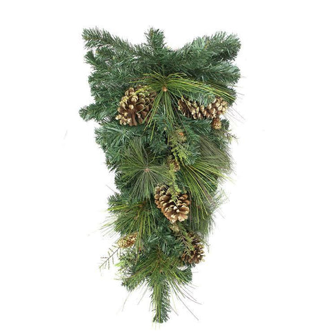 28" Artificial Mixed Pine with Pine Cones and Gold Glitter Christmas Teardrop Swag - Unlit