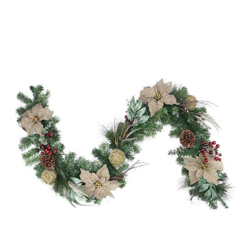 6' x 10" Autumn Harvest Burlap Poinsettia, Moss Ball, Mixed Pine and Berries Fall Garland - Unlit