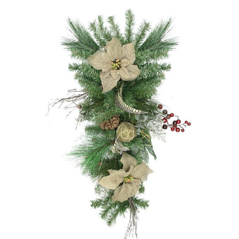 28" Autumn Harvest Burlap Poinsettia, Moss Ball, Mixed Pine and Berries Fall Teardrop Swag - Unlit