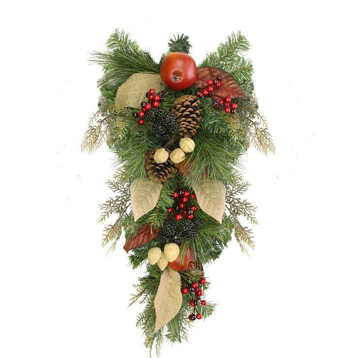 24" Autumn Harvest Mixed Pine, Berry and Nut Thanksgiving Fall Teardrop Swag - Unlit