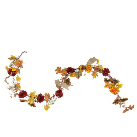 6' Autumn Harvest Red and Yellow Mixed Fall Leaf and Mum Flower Thanksgiving Garland - Unlit