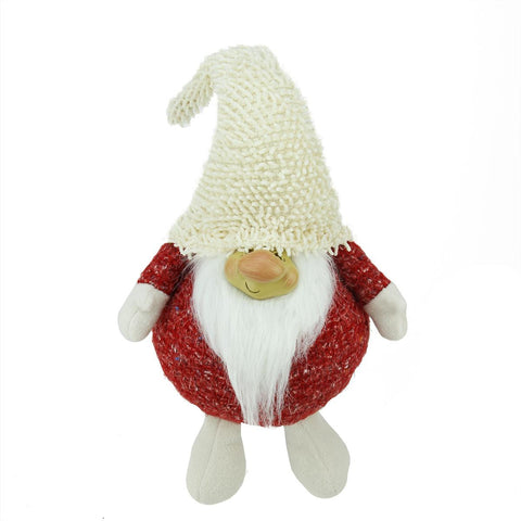 15" Textured Red and Ivory Chubby Smiling Gnome Plush Table Top Christmas Figure