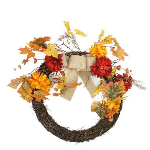 20" Autumn Harvest Artificial Mixed Fall Leaf and Mum Flower Thanksgiving Twig Wreath - Unlit