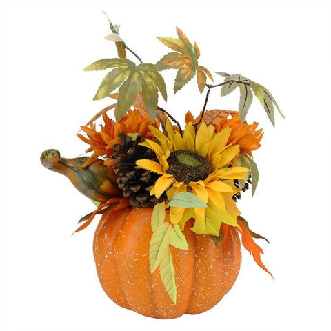 10" Autumn Harvest Artificial Pumpkin with Sunflowers, Mums and Pine Cones Decoration