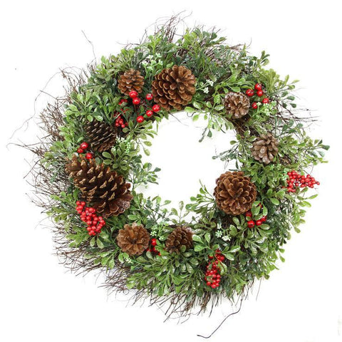 24" Glittered Artificial Boxwood, Pine Cone and Red Berry Christmas Wreath - Unlit